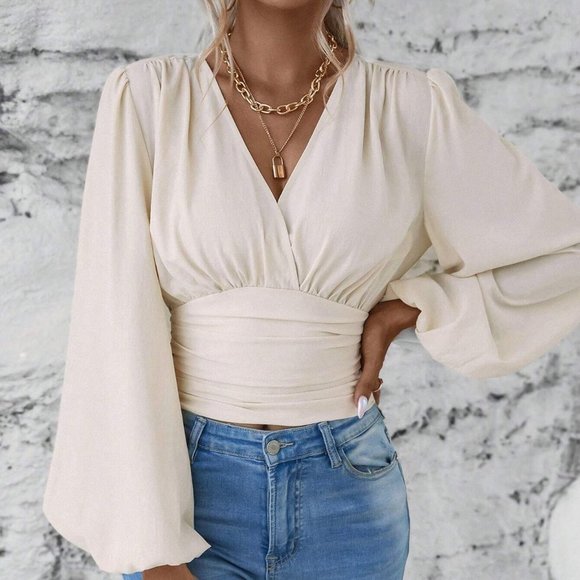 Apricot Boho Womens Lantern Sleeve Ruched Blouse - Picture 5 of 5